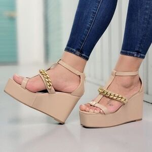 Women's Gold Chain High Wedge Platform Nude Color